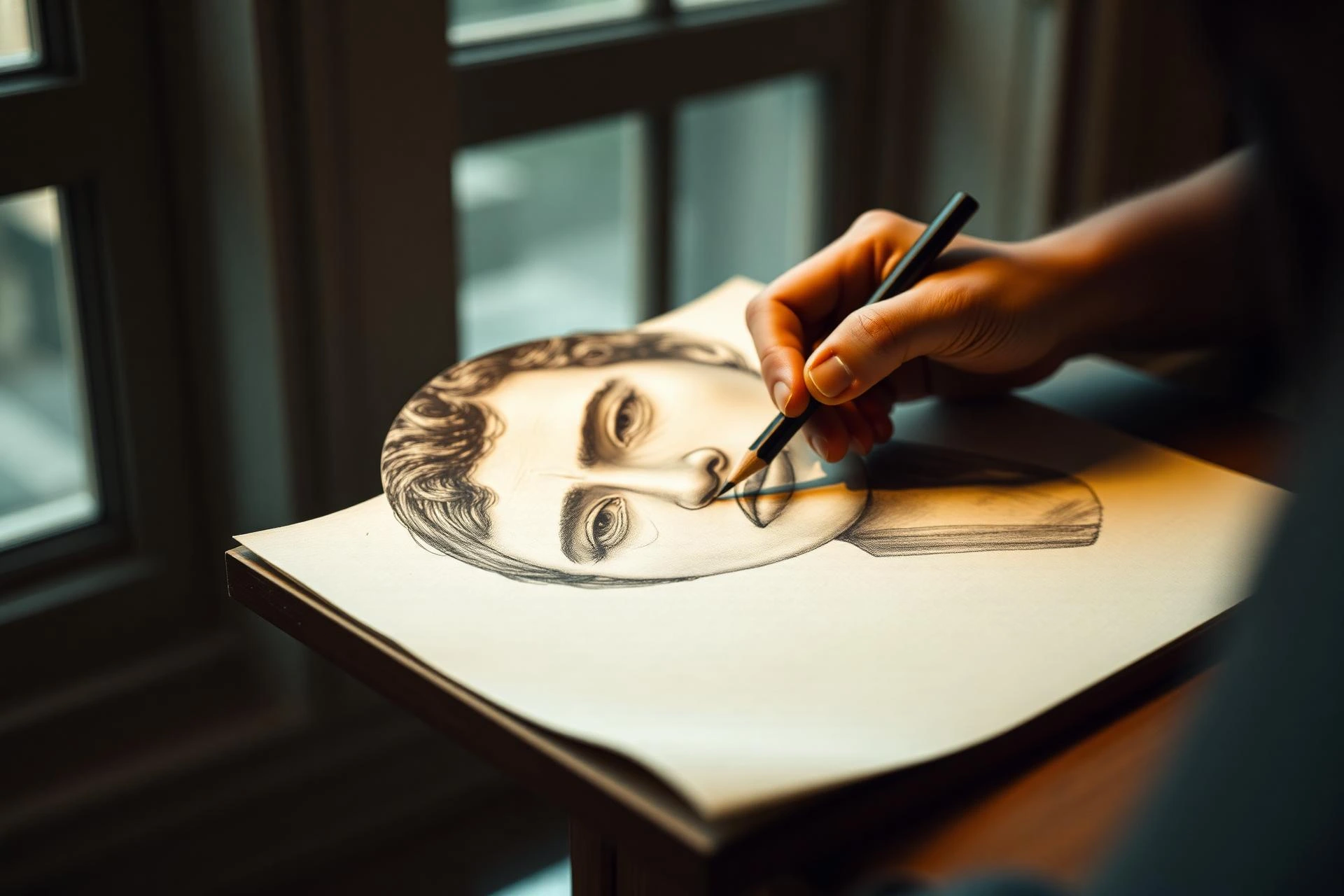 Ravina hand-drawing a portrait in graphite